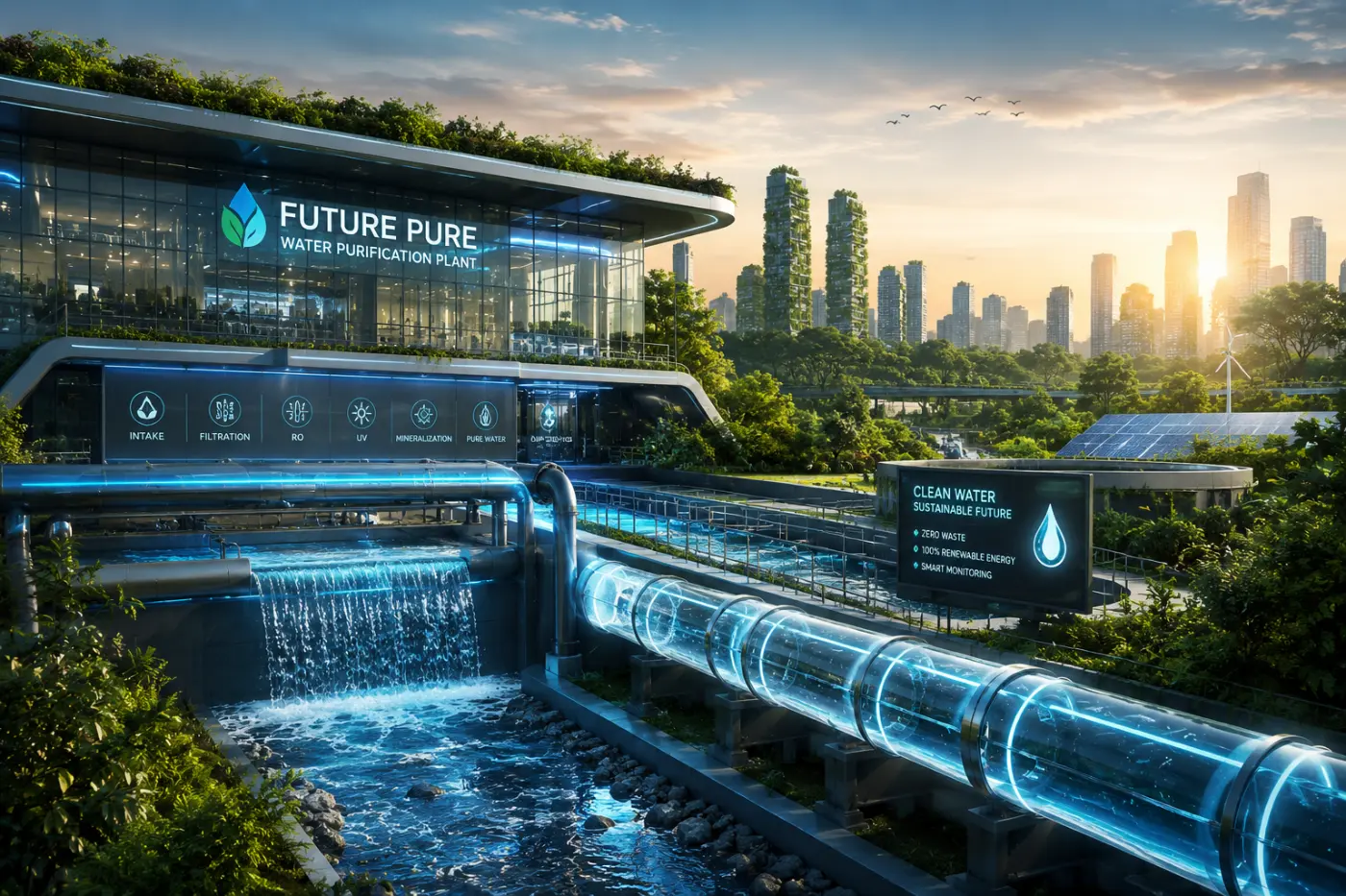 Global Water Scarcity Tech - A futuristic water purification plant
