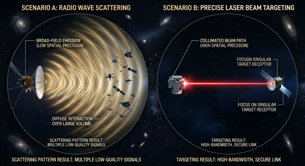 Radio Wave Scattering vs Precise Laser Beam Targeting - Deep Space Telecommunications