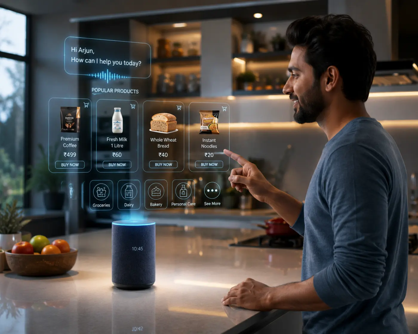 Voice Commerce 2026 - A person interacting with a sleek smart speaker in a modern kitchen