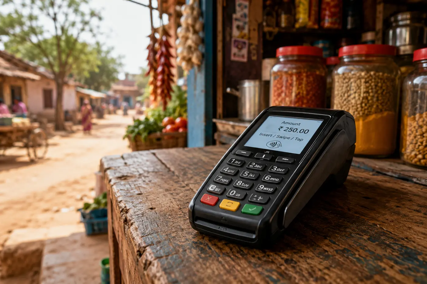 A rural Indian shopkeeper using a digital payment terminal - FinTech Financial Inclusion