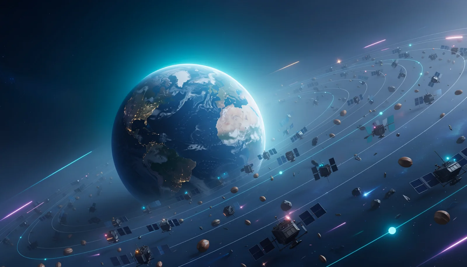 A visualization of Earth surrounded by a mesh of orbiting satellites and tiny debris particles - Satellite Internet